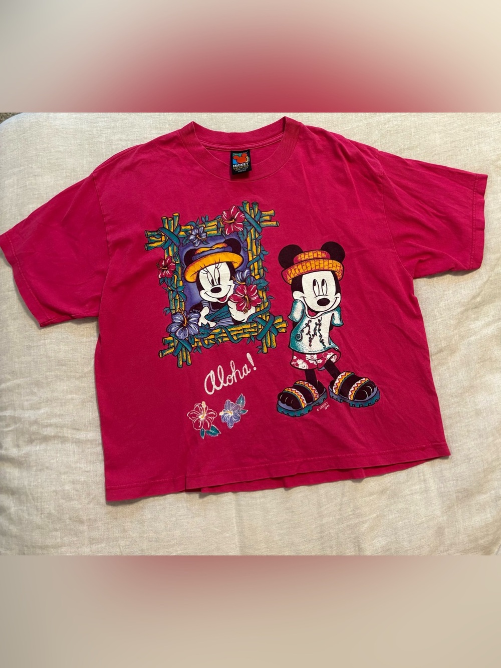 Vintage 90s Disney Aloha Mickey Minnie Pink Tee